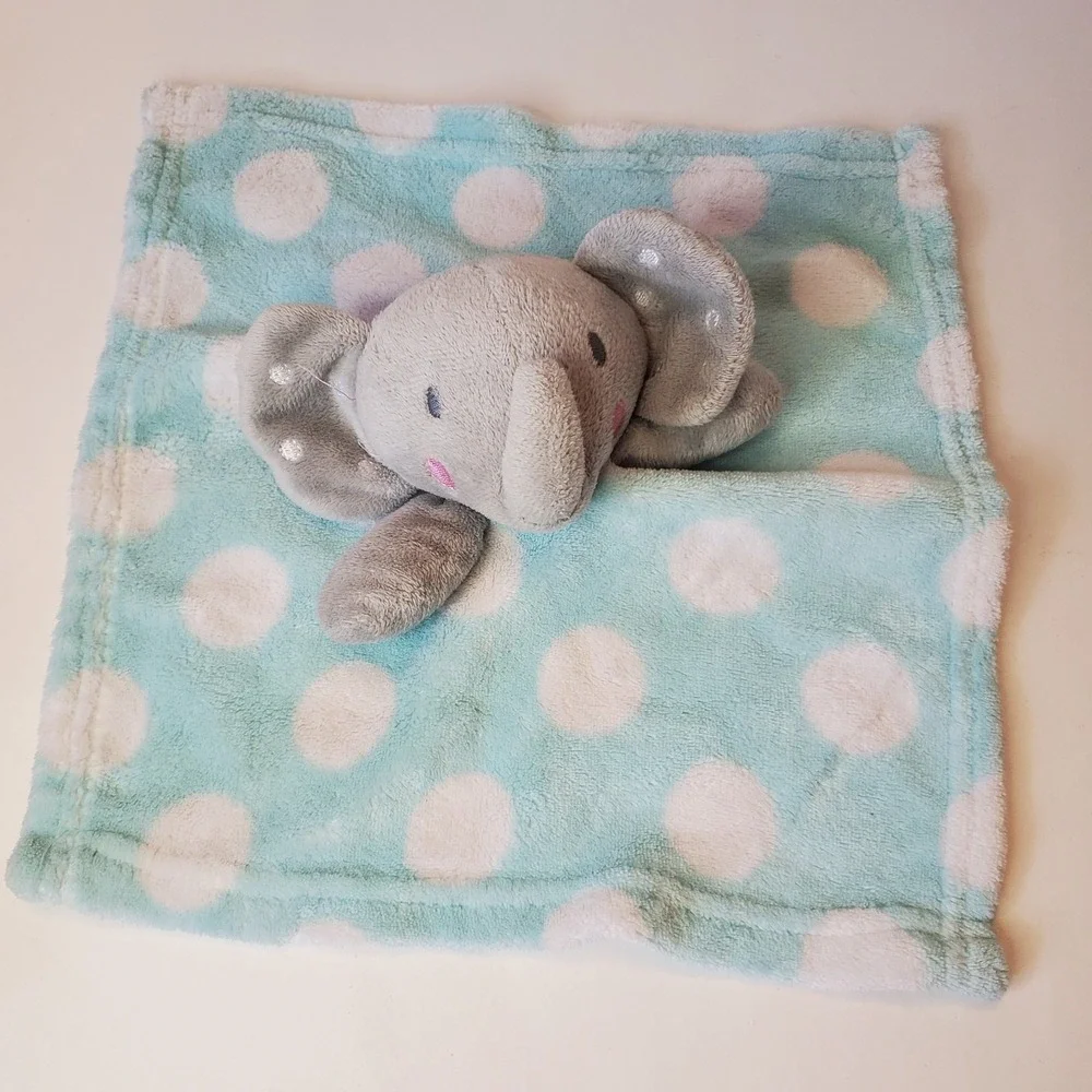 Blue Polka Dot Gray Elephant Plush Baby Security Blanket Lovey